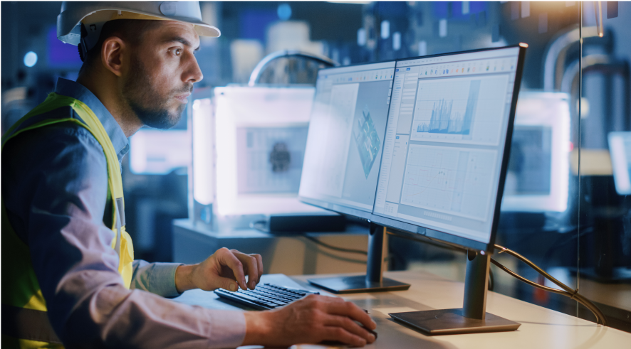 man in hard hat using a computer